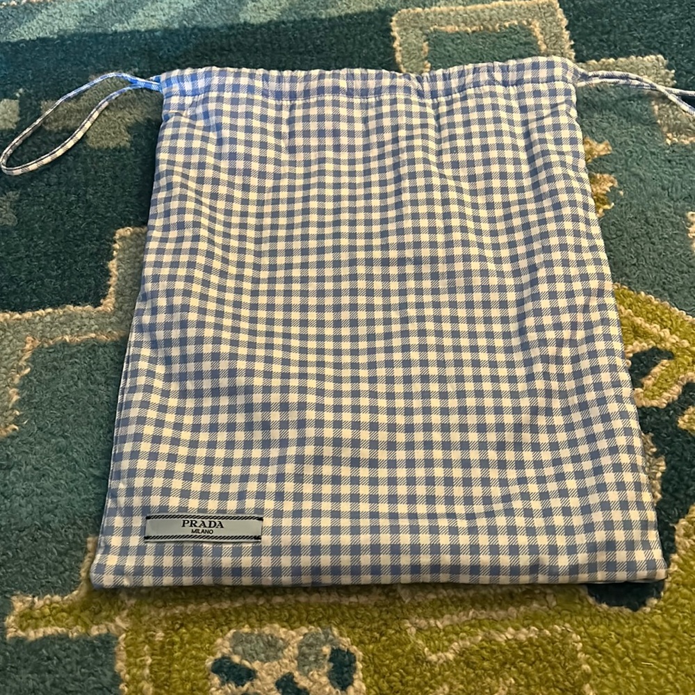 Prada bag, blue, and white checkered